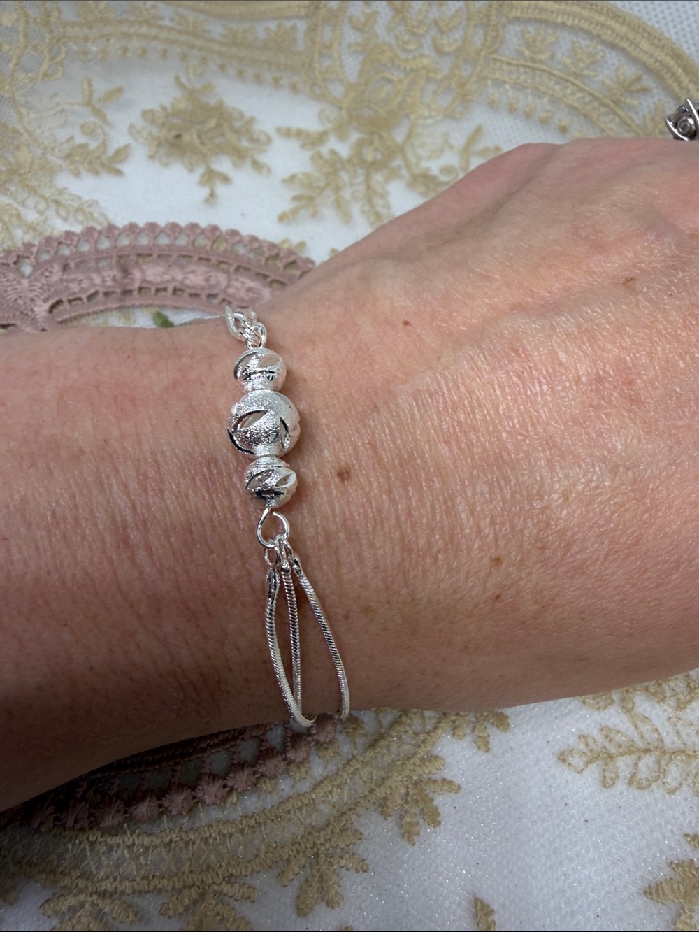 925 Sterling Silver Layered Snake Chain Bracelet Diamond Cut Accent Beads